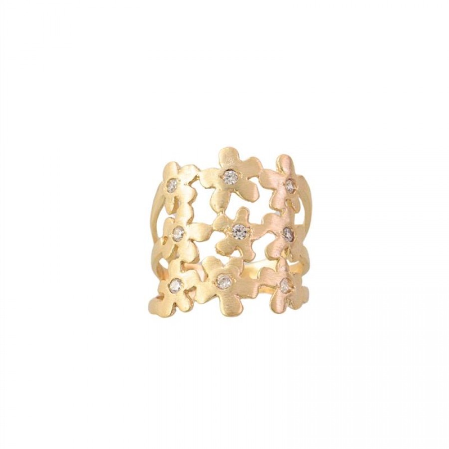 Anel Trio De Flores Com Zircônia Banhado Em Ouro 18k