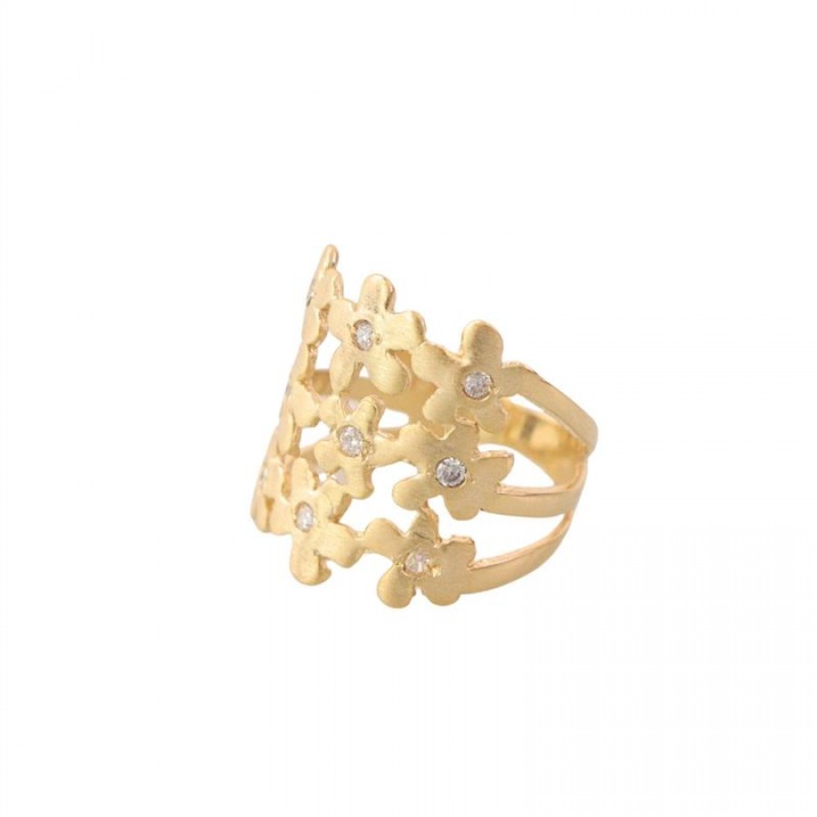 Anel Trio De Flores Com Zircônia Banhado Em Ouro 18k