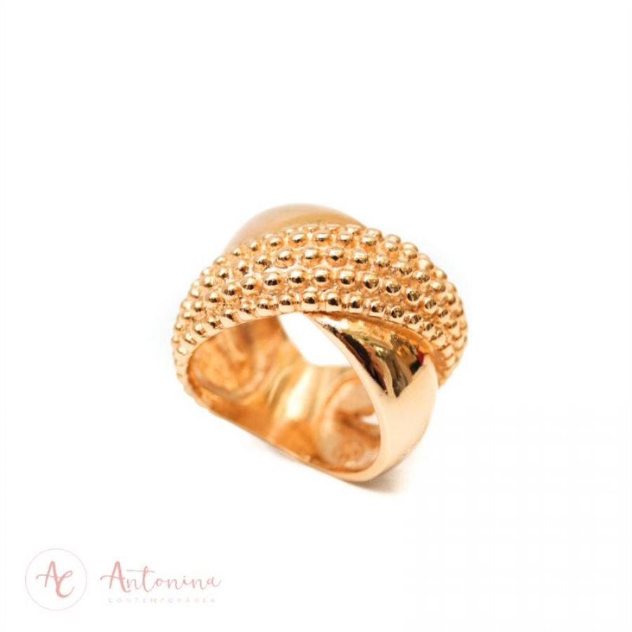 Anel Trança Bolinha E Liso Banhado Em Ouro 18k