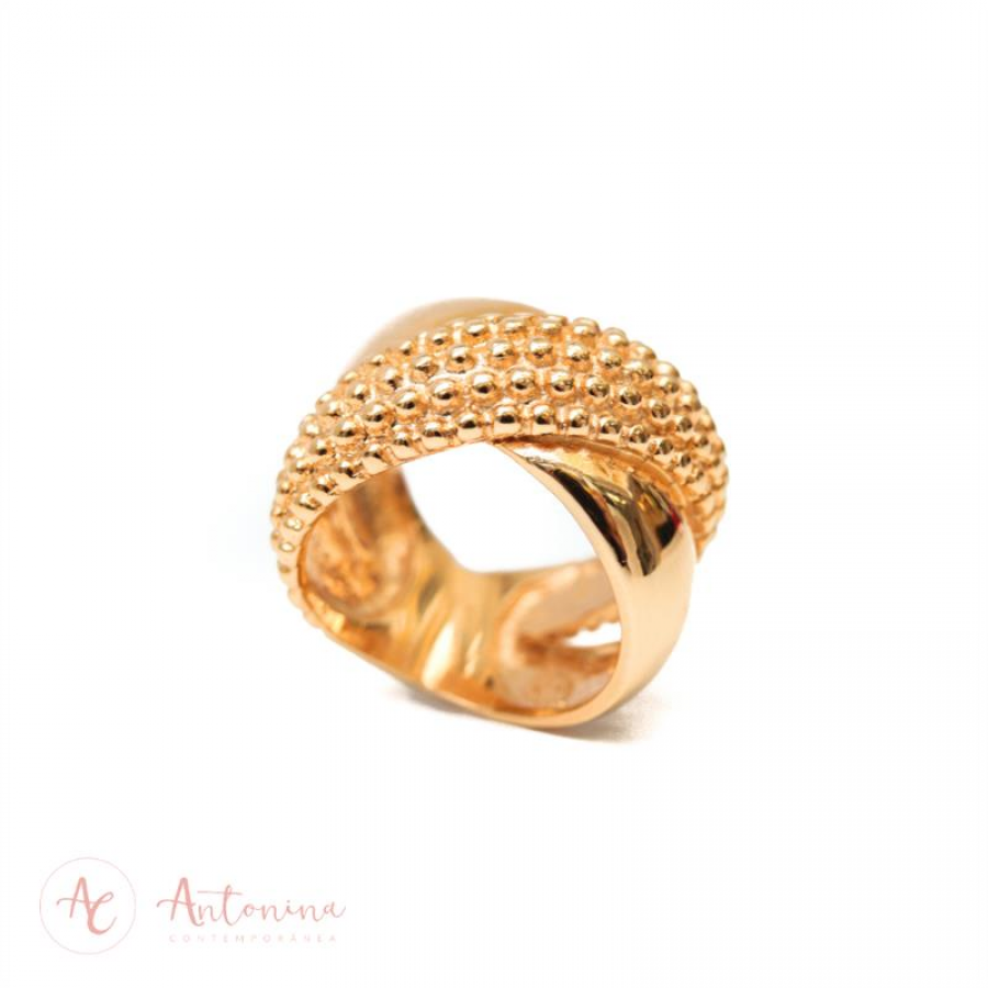 Anel Trança Bolinha E Liso Banhado Em Ouro 18k