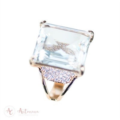Anel Cristal Quadrado Cravejado Banhado Em Ouro 18k