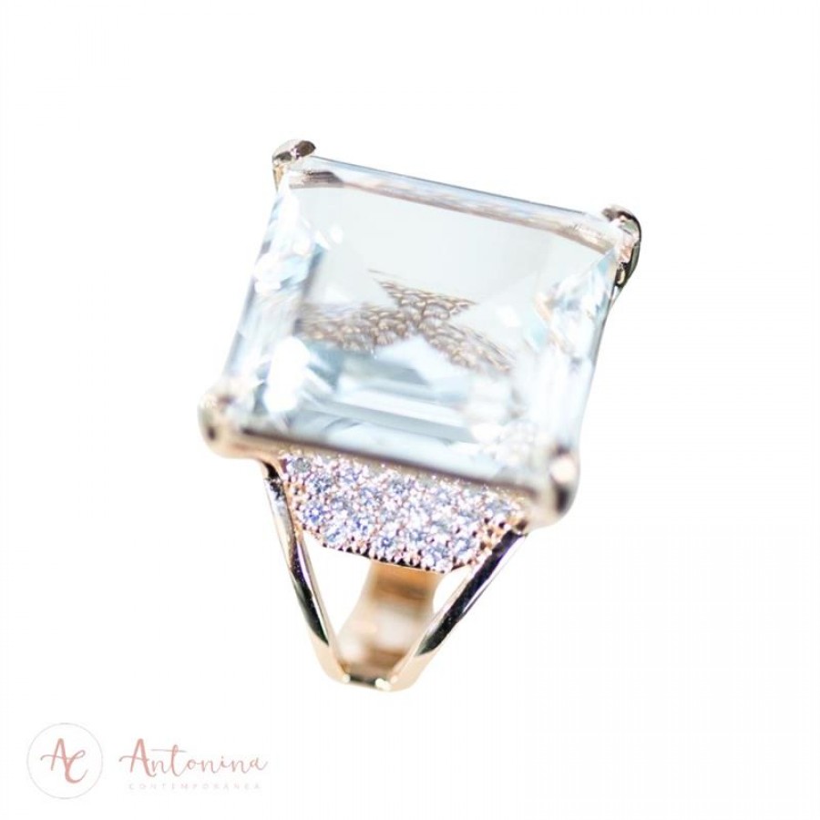 Anel Cristal Quadrado Cravejado Banhado Em Ouro 18k