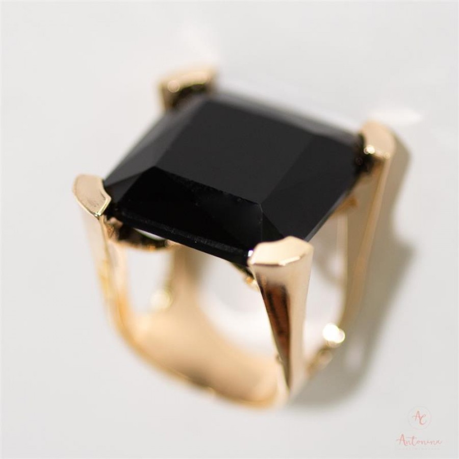 Anel Cristal Quadrado Onix Novo Banhado Em Ouro 18k