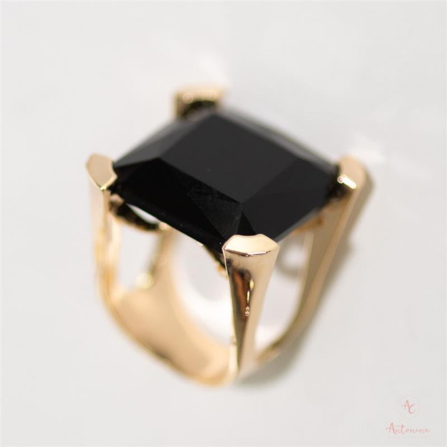 Anel Cristal Quadrado Onix Novo Banhado Em Ouro 18k