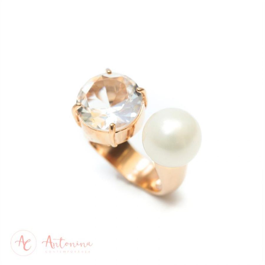 Anel Cristal Com Pérola Banhado Em Ouro 18k