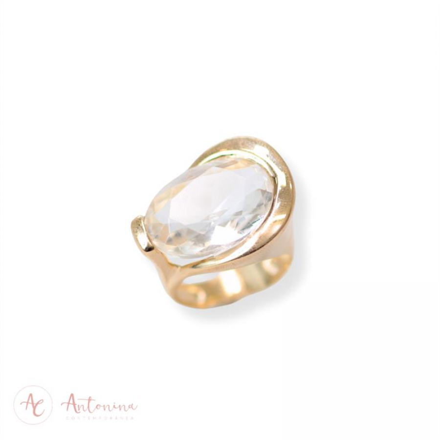 Anel Encontro Cristal Lapidado Banhado Em Ouro 18k