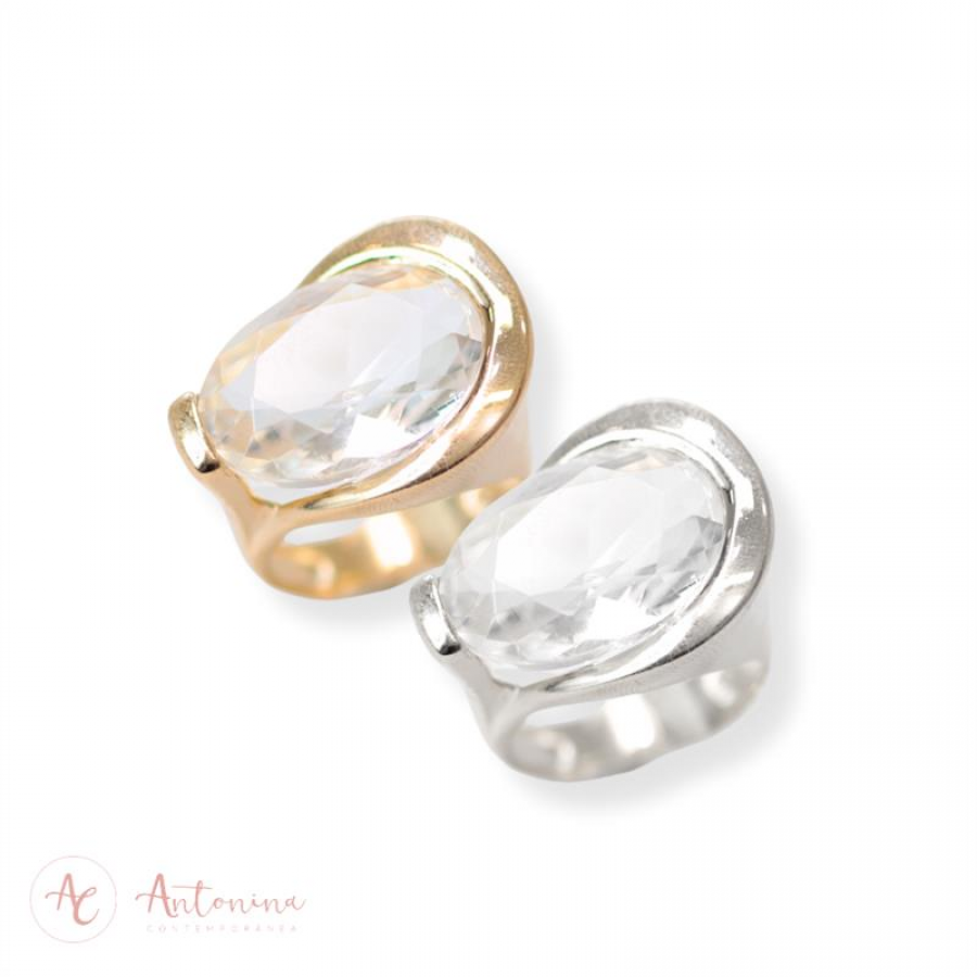 Anel Encontro Cristal Lapidado Banhado Em Ouro 18k
