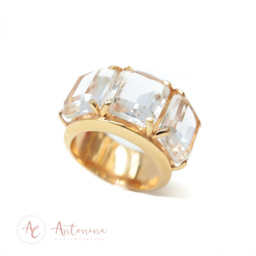 Anel Trio De Cristal Quadrado Banhado Em Ouro 18k