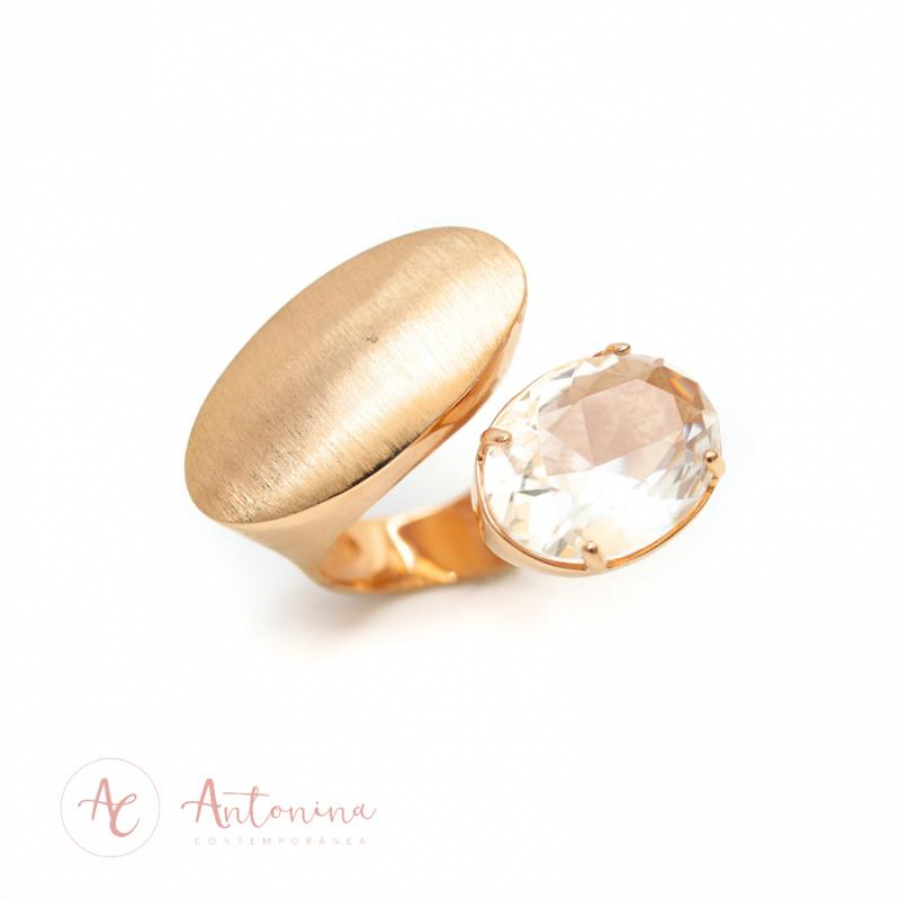 Anel Gota Fosca Com Cristal Oval Banhado Em Ouro 18k