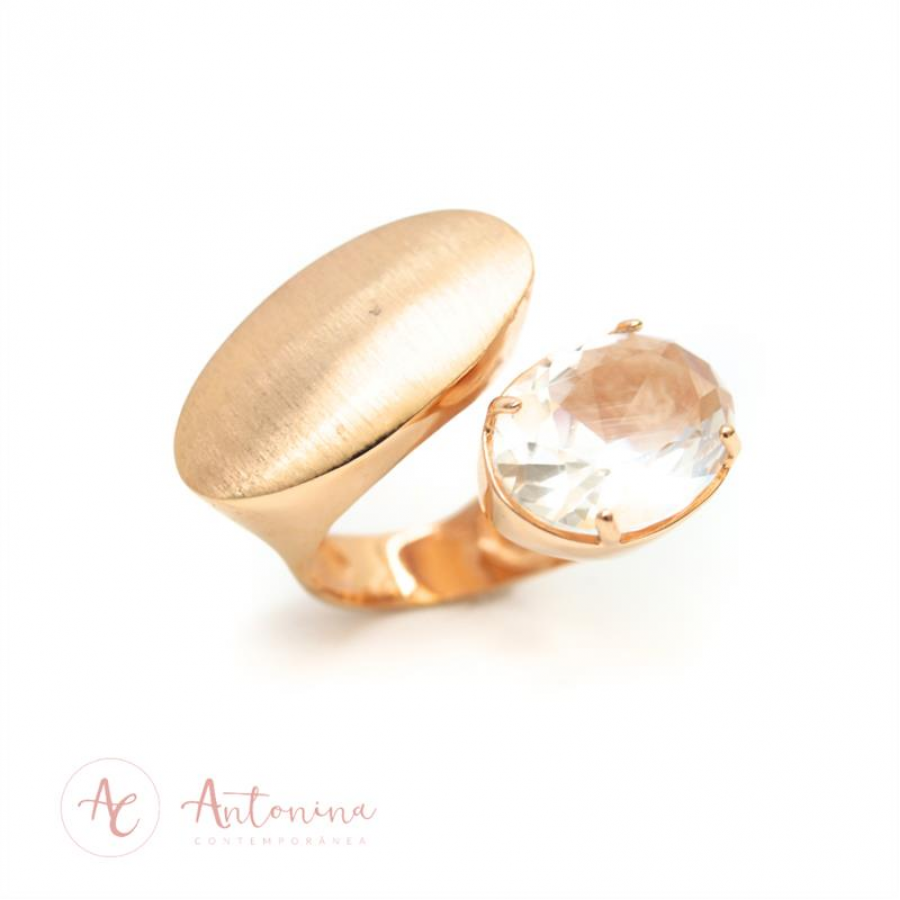 Anel Gota Fosca Com Cristal Oval Banhado Em Ouro 18k