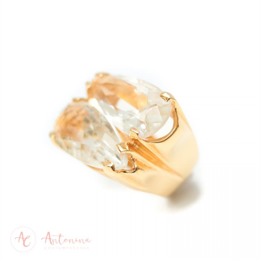Anel Dupla Gota Cristal Lapidado Banhado Em Ouro 18k