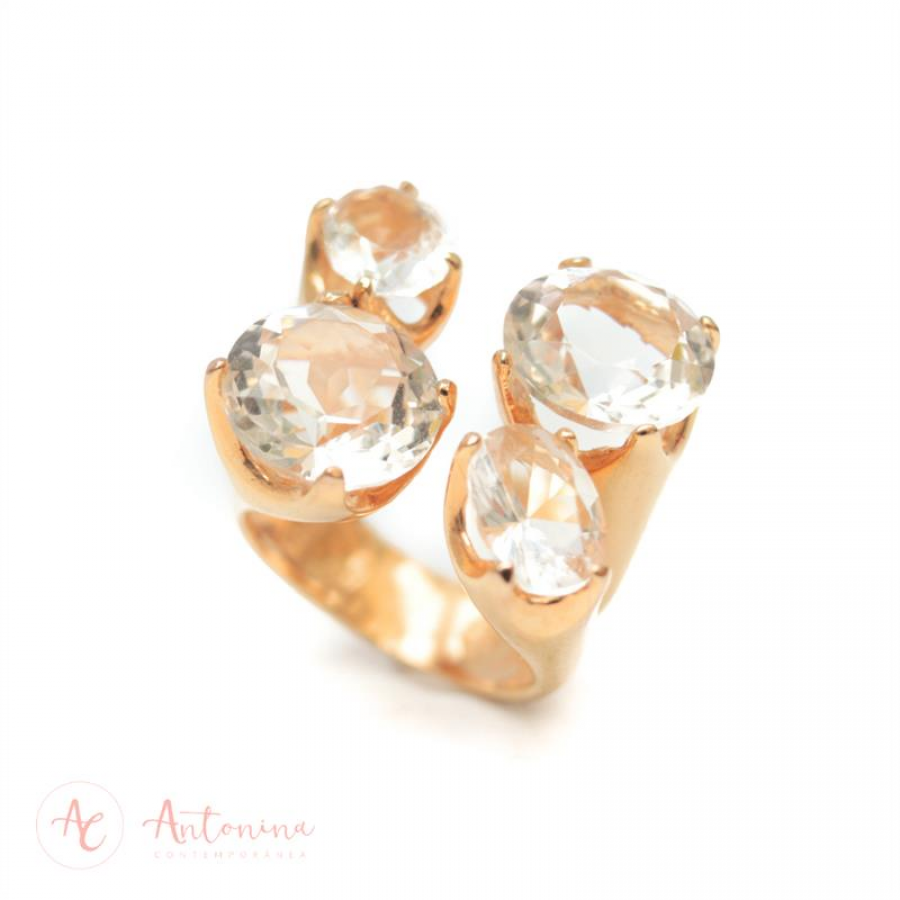Anel Quarteto De Cristais Banhado Em Ouro 18k