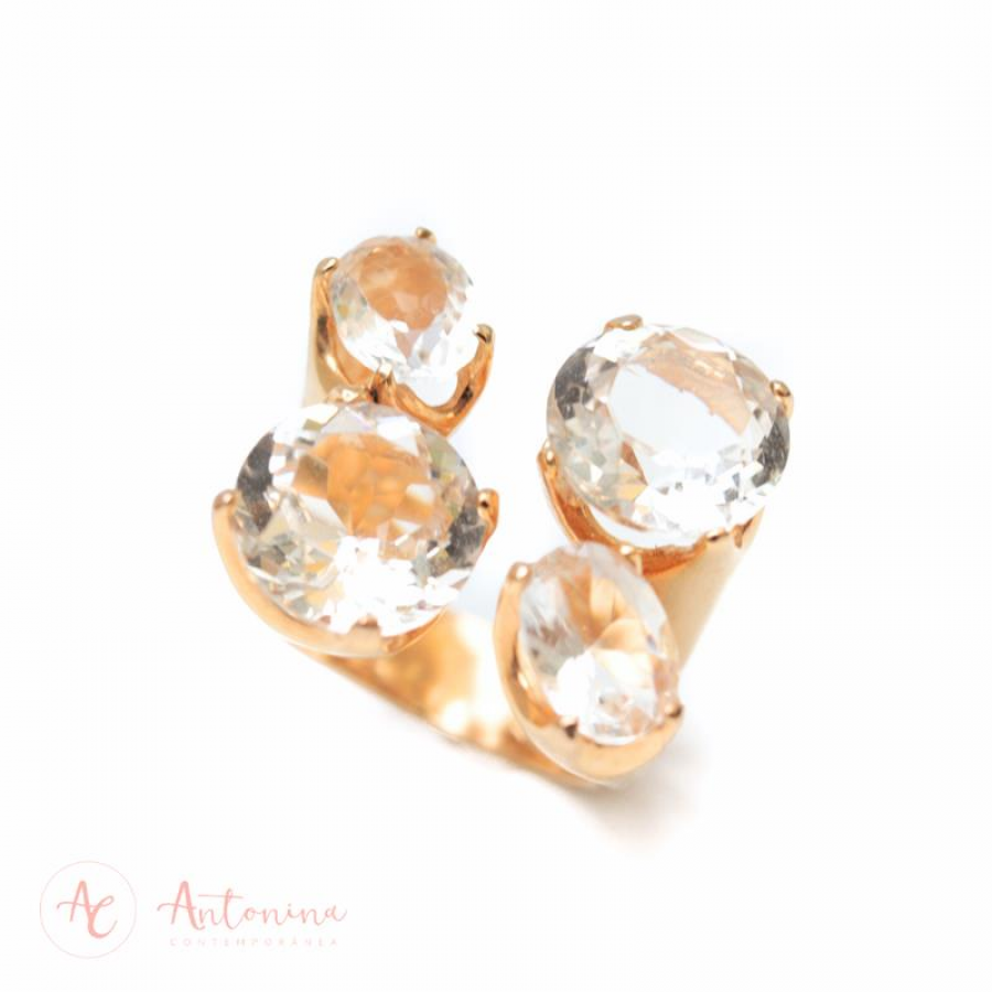 Anel Quarteto De Cristais Banhado Em Ouro 18k