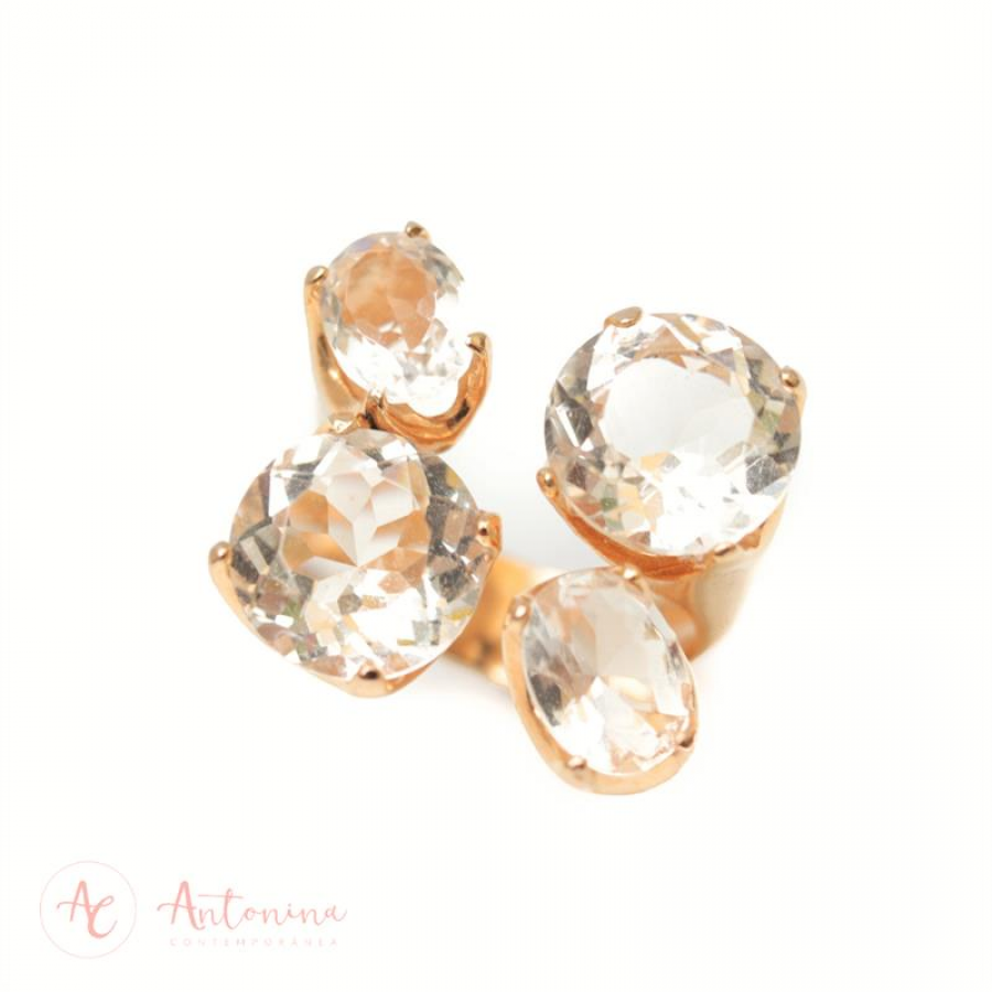 Anel Quarteto De Cristais Banhado Em Ouro 18k