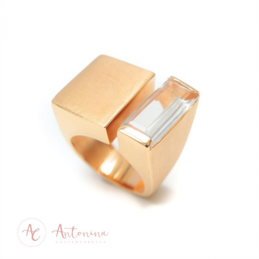 Anel Fenda Cristal Translúcido Banhado Em Ouro 18k 
