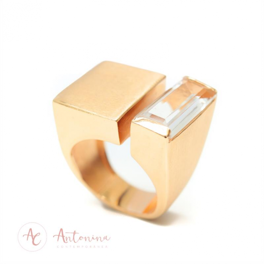 Anel Fenda Cristal Translúcido Banhado Em Ouro 18k 