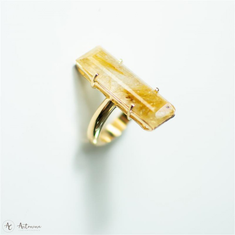 Anel Palito Vertical Rutilo Novo Banhado Em Ouro 18k