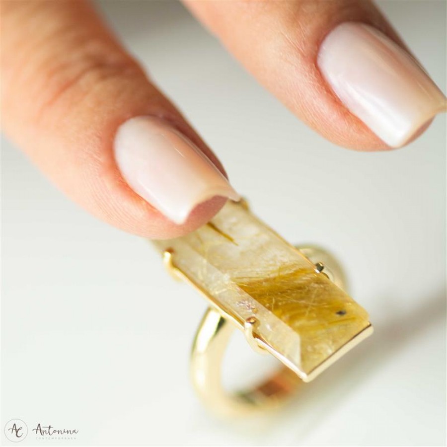 Anel Palito Vertical Rutilo Novo Banhado Em Ouro 18k