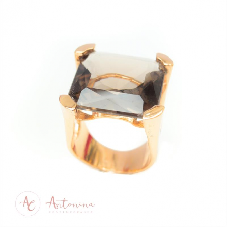 Anel Cristal Quadrado Fumê Whisky Banhado Em Ouro 18k