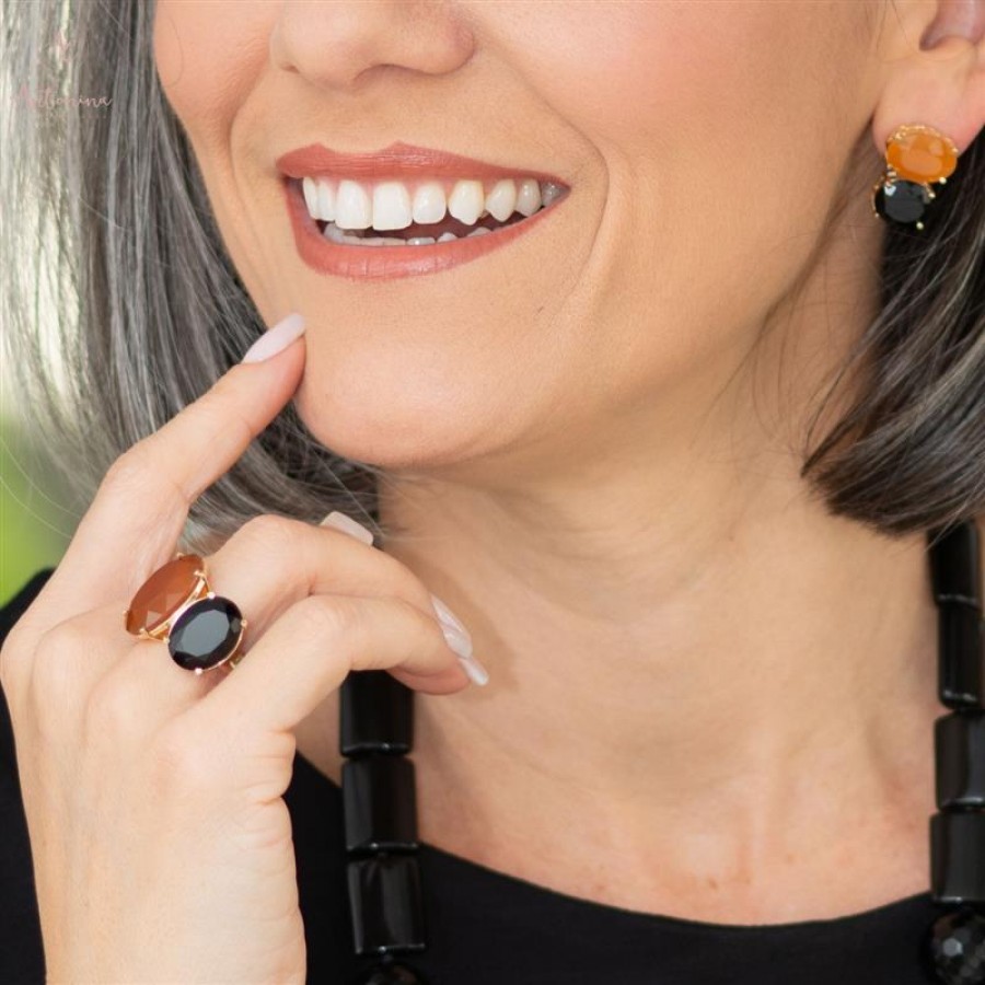 Anel Júlia Ônix Com Cornalina Banhado Em Ouro 18k