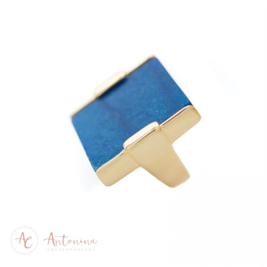 Anel Quadrado Pedras Naturais Feldspato Azul Banhado Em Ouro 18k