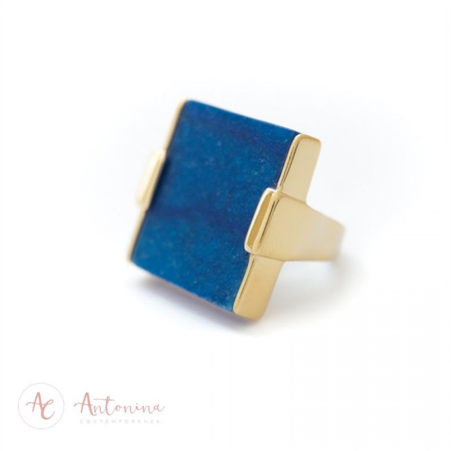 Anel Quadrado Pedras Naturais Feldspato Azul Banhado Em Ouro 18k