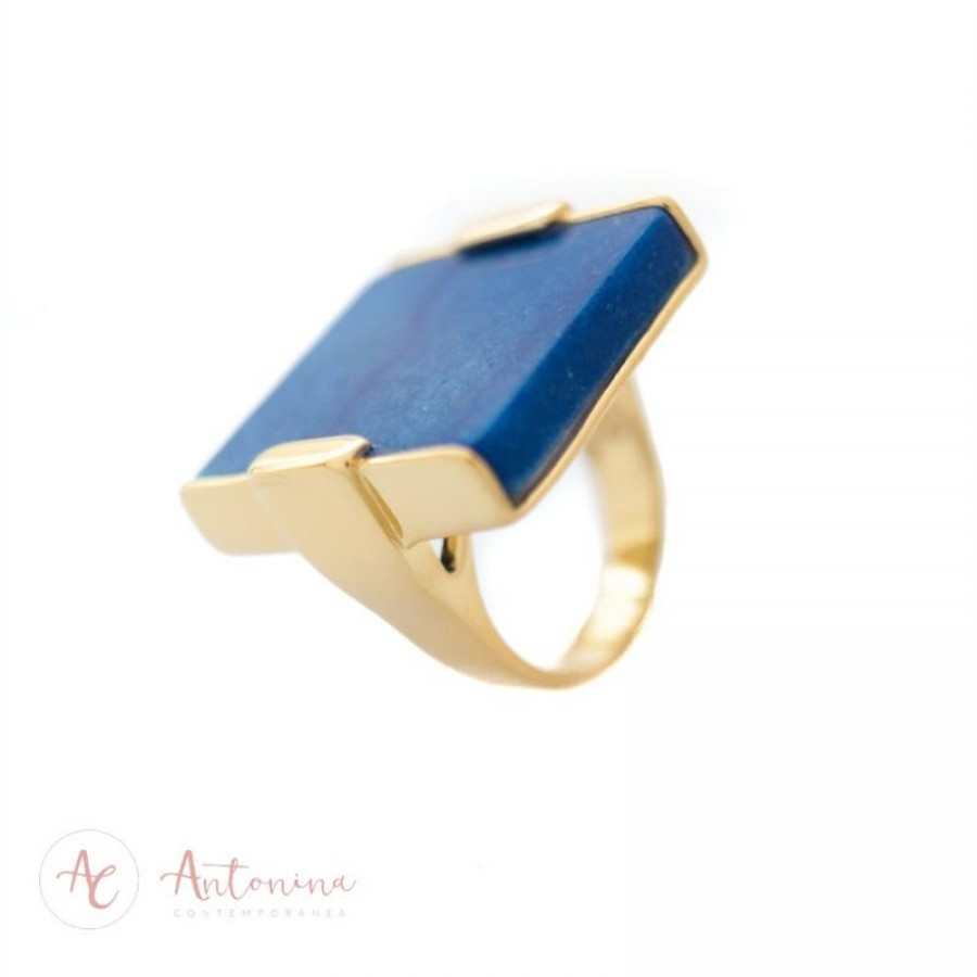 Anel Quadrado Pedras Naturais Feldspato Azul Banhado Em Ouro 18k