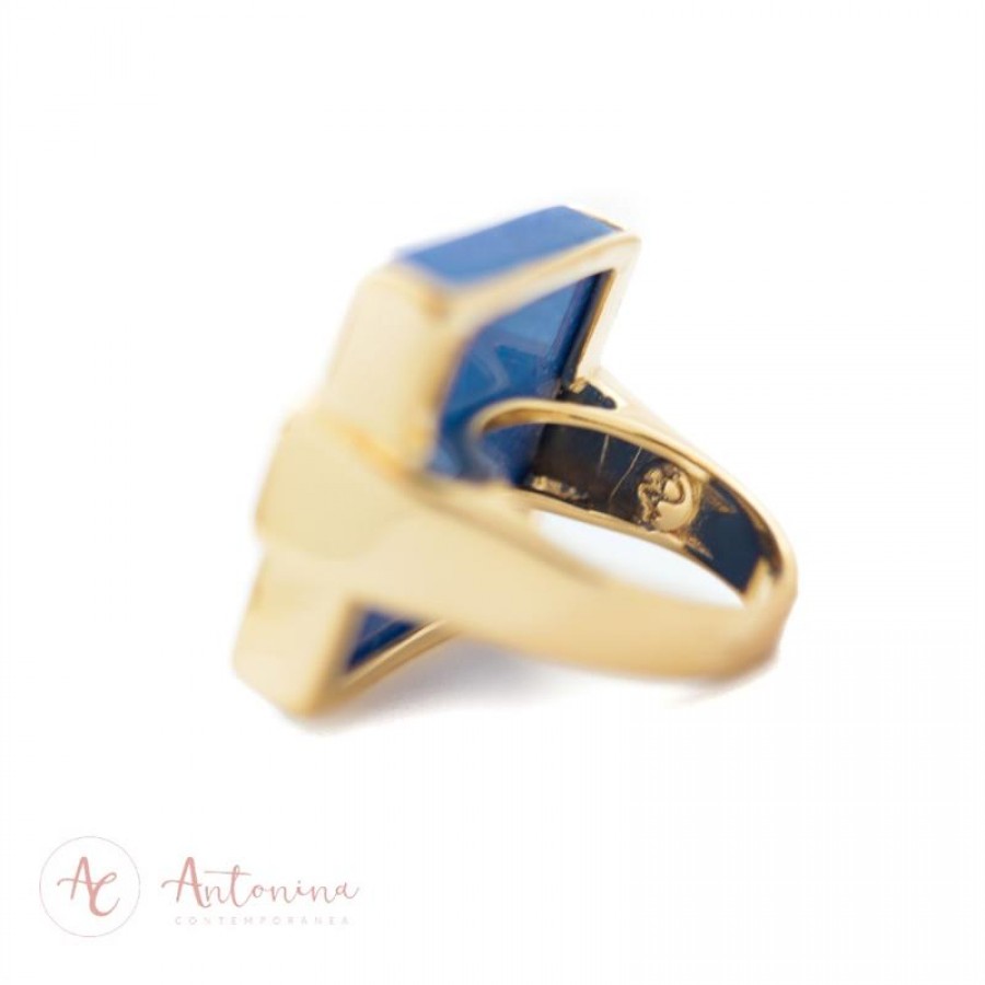 Anel Quadrado Pedras Naturais Feldspato Azul Banhado Em Ouro 18k