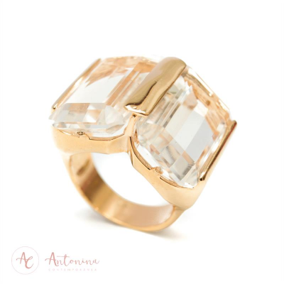 Anel Duplo Cristal Retangular Banhado Em Ouro 18k