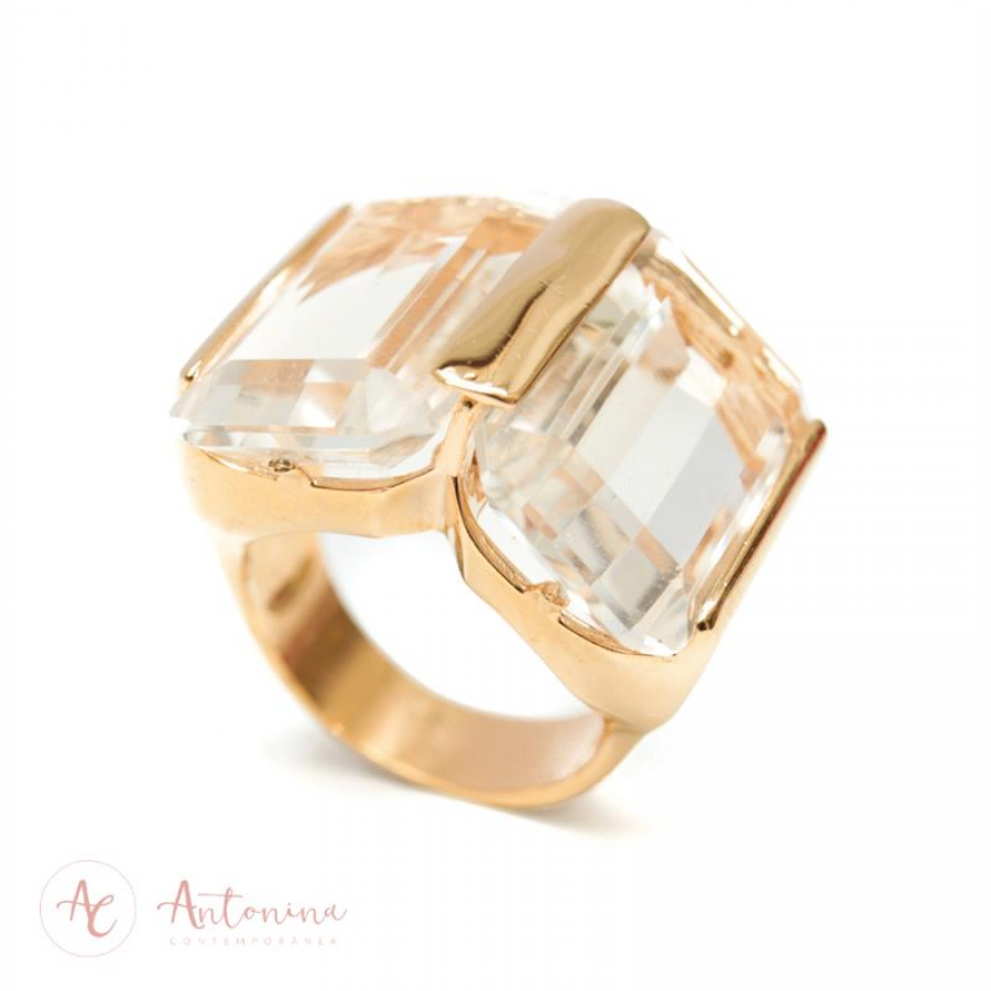Anel Duplo Cristal Retangular Banhado Em Ouro 18k
