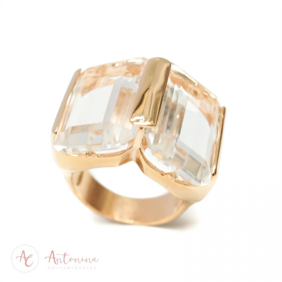 Anel Duplo Cristal Retangular Banhado Em Ouro 18k