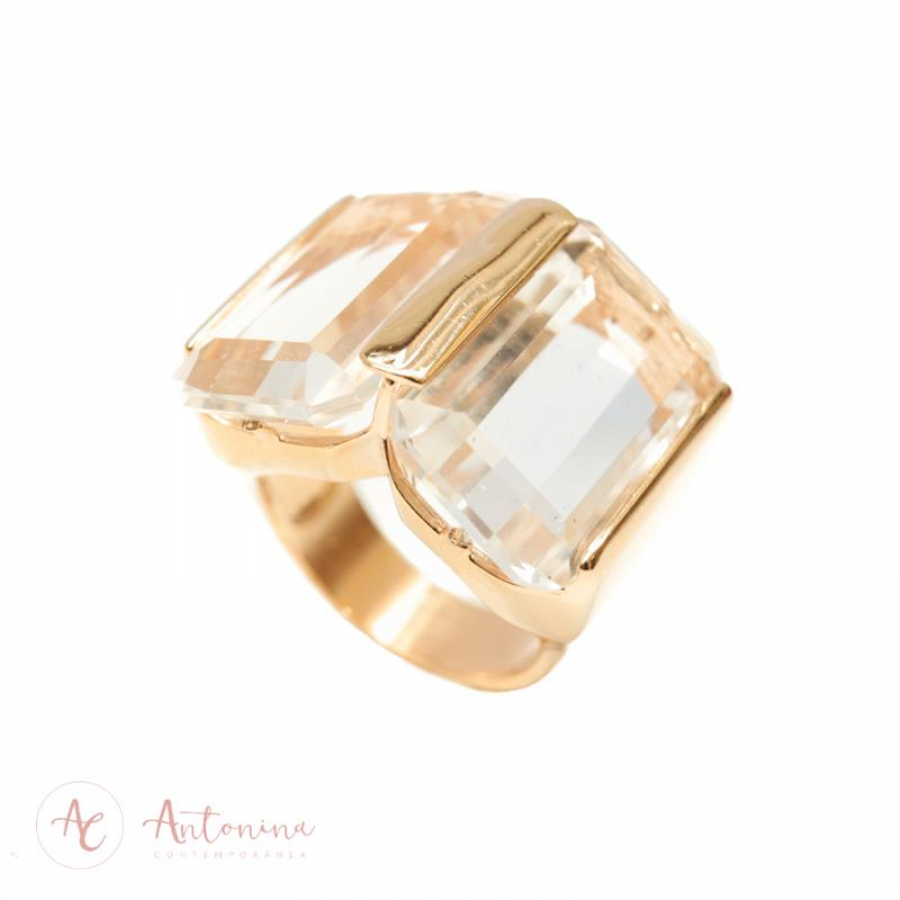 Anel Duplo Cristal Retangular Banhado Em Ouro 18k