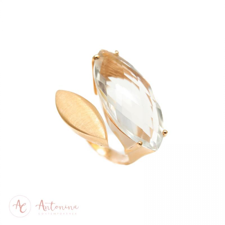 Anel Navete Flutuante Banhado Em Ouro 18k