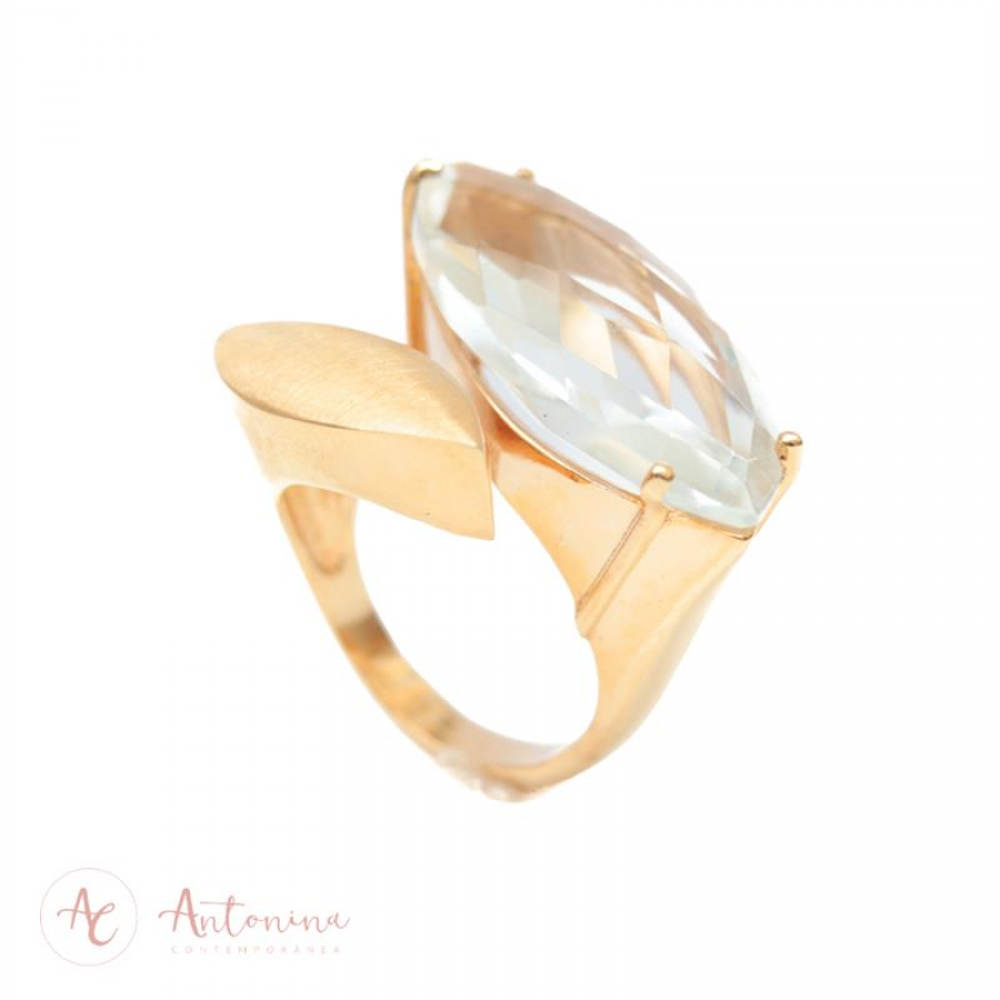 Anel Navete Flutuante Banhado Em Ouro 18k