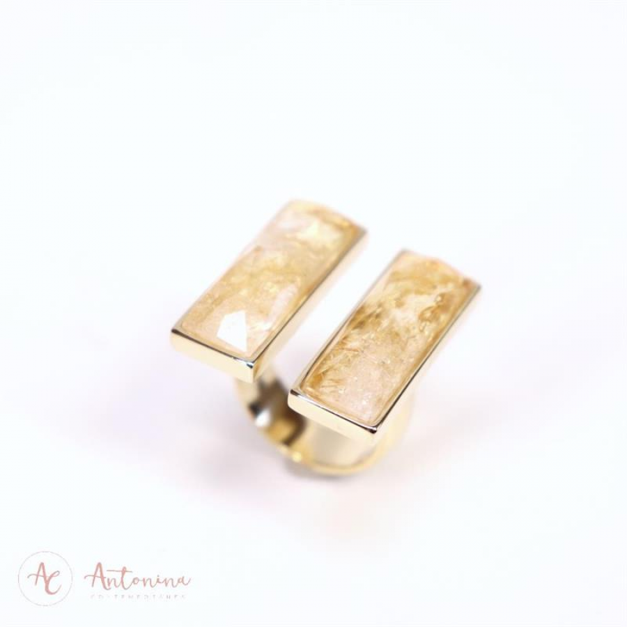 Anel Dupla Pedra Citrino Banhado Em Ouro 18k