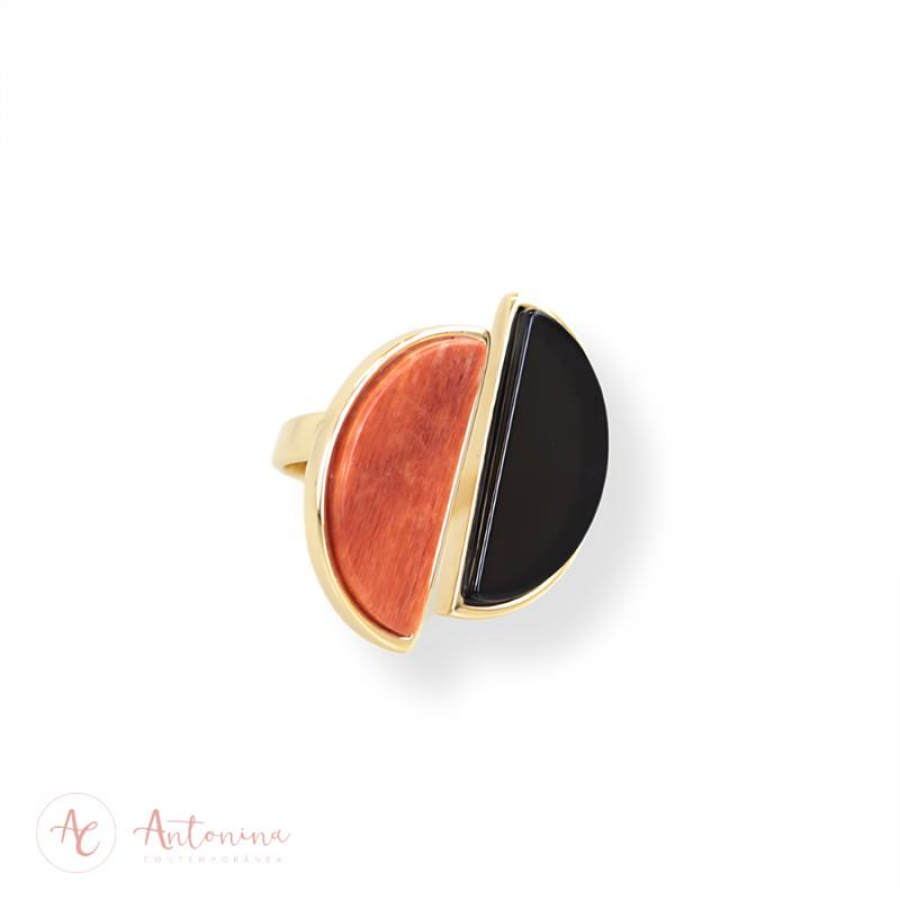 Anel Meia Lua Pedra Natural Feldspato Laranja E Obsidiana Negra Banhado Em Ouro 18k