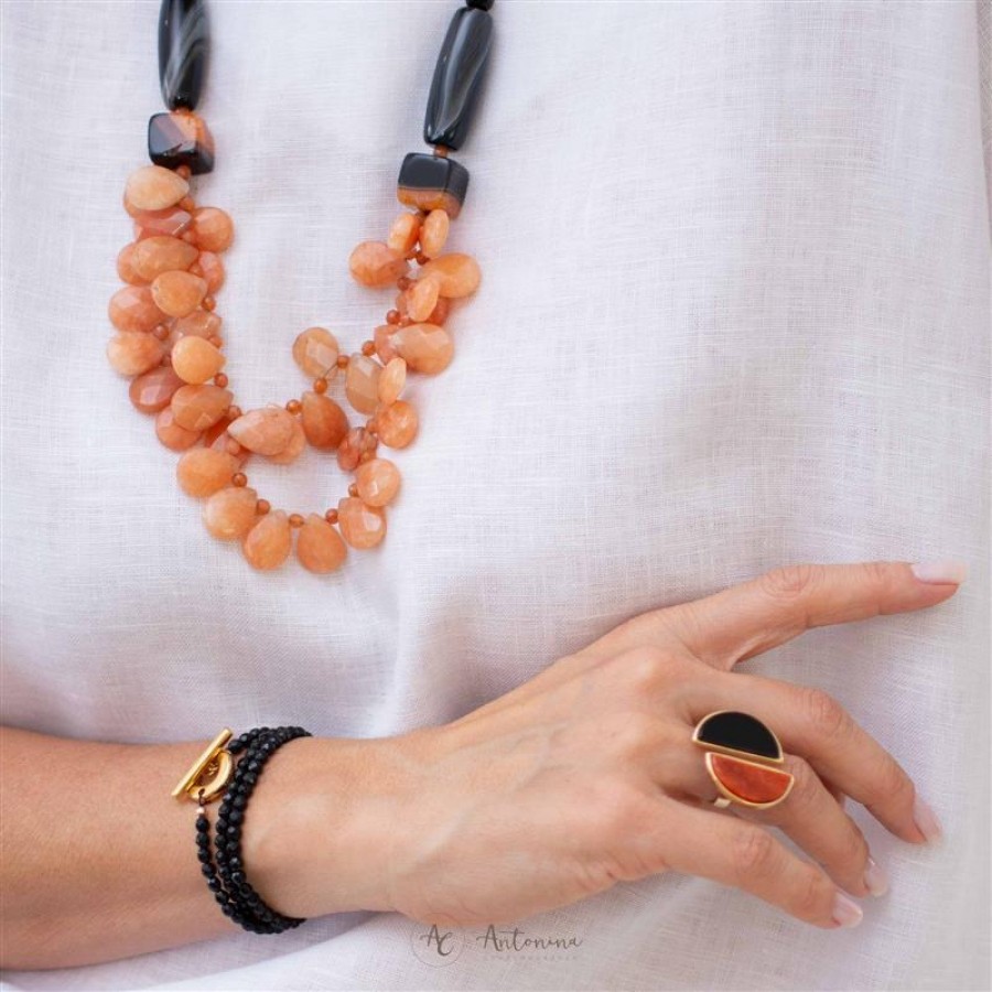 Anel Meia Lua Pedra Natural Feldspato Laranja E Obsidiana Negra Banhado Em Ouro 18k