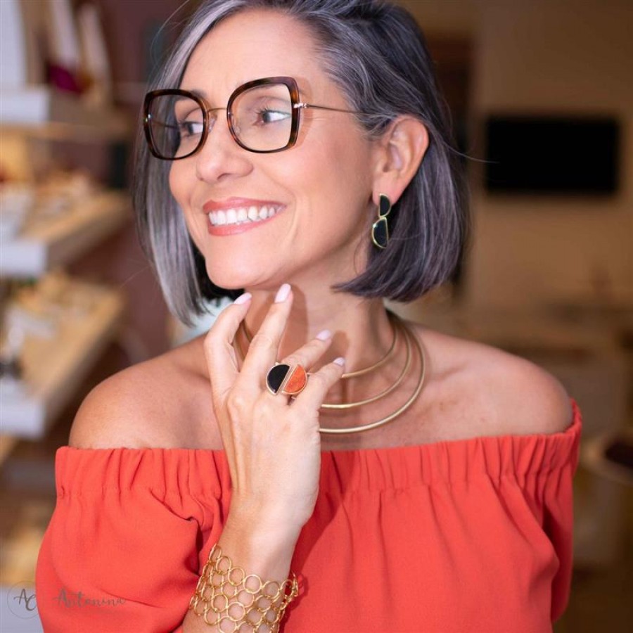 Anel Meia Lua Pedra Natural Feldspato Laranja E Obsidiana Negra Banhado Em Ouro 18k