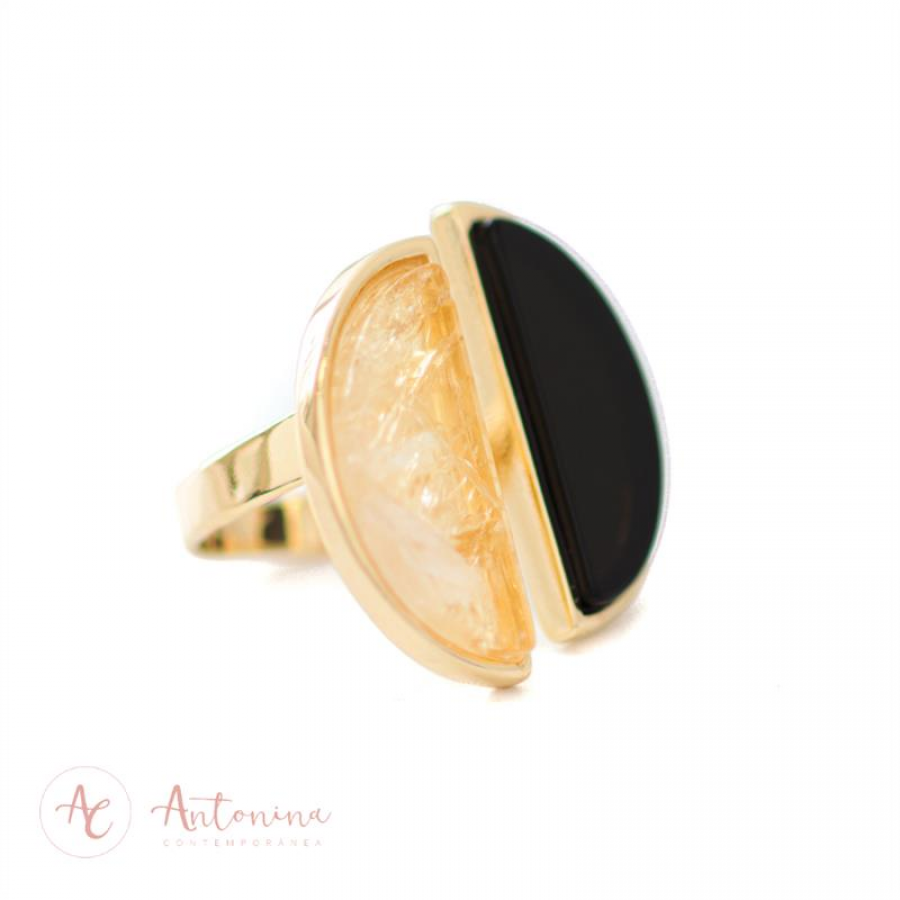 Anel Meia Lua Pedra Natural Citrino E Obsidiana Negra Banhado Em Ouro 18k