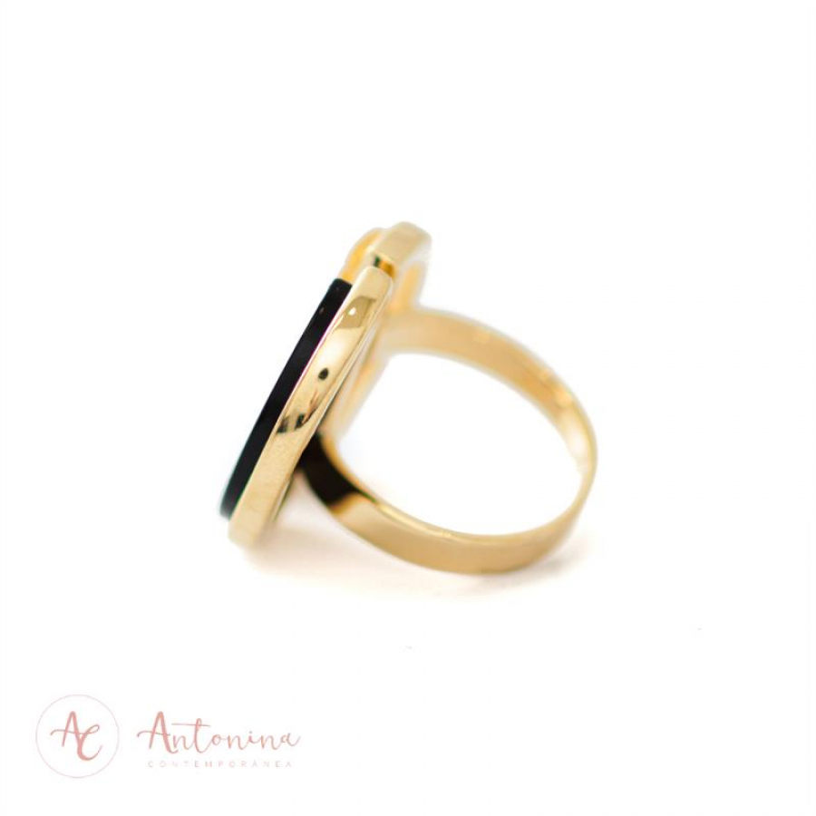 Anel Meia Lua Pedra Natural Citrino E Obsidiana Negra Banhado Em Ouro 18k