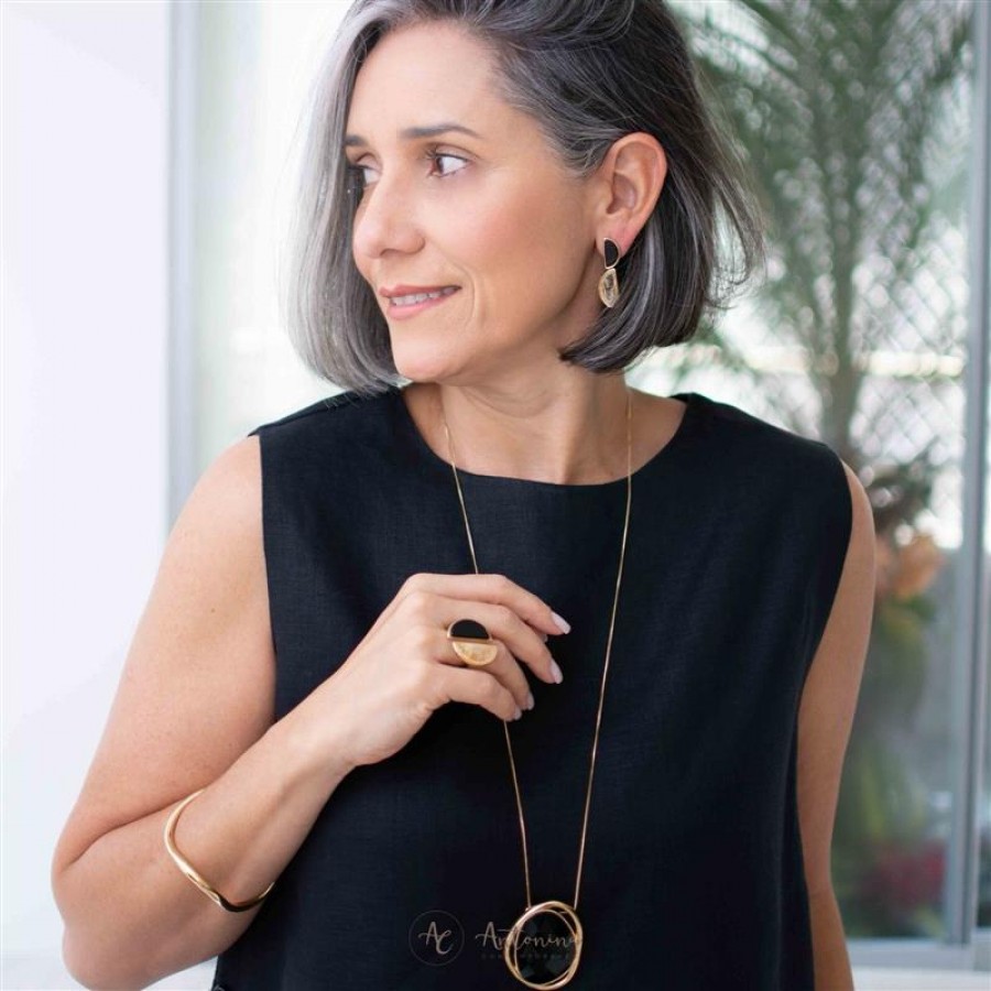 Anel Meia Lua Pedra Natural Citrino E Obsidiana Negra Banhado Em Ouro 18k
