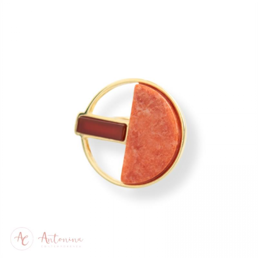 Anel Forma Redonda Amazonita Laranja E Ágata Vermelha Banhado Em Ouro 18k
