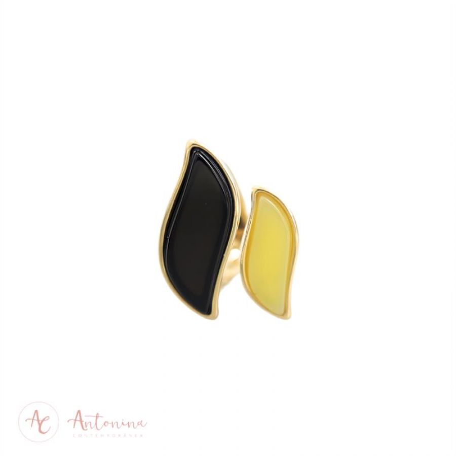 Anel Ondas Ônix E Quartzo Lemon Banhado Em Ouro 18k