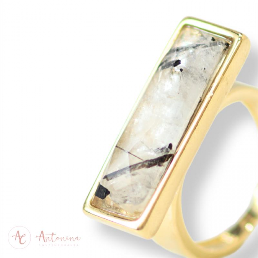 Anel Retangular Facetado Rutilo Negro Banhado Em Ouro 18k