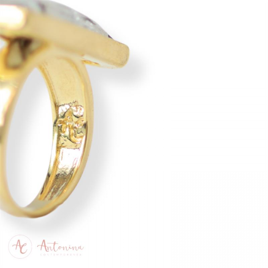 Anel Retangular Facetado Rutilo Negro Banhado Em Ouro 18k