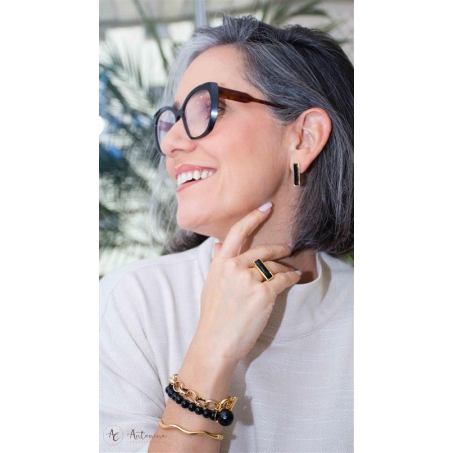 Anel Retangular Facetado Ônix  Banhado Em Ouro 18k