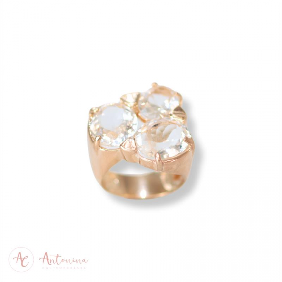 Anel Trio De Cristais Ovais Banhado Em Ouro 18k
