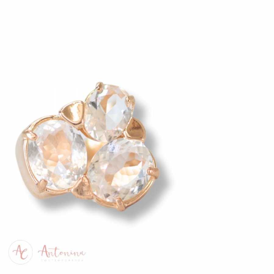 Anel Trio De Cristais Ovais Banhado Em Ouro 18k