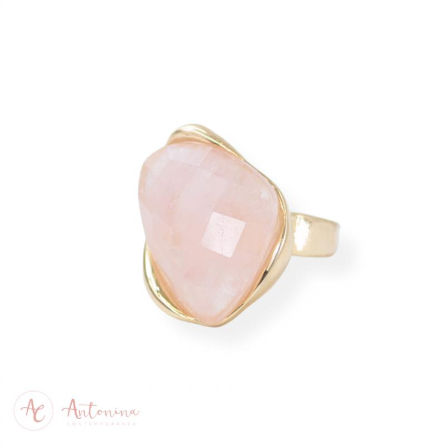 Anel Orgânico Facetado Quartzo Rosa Banhado Em Ouro 18k