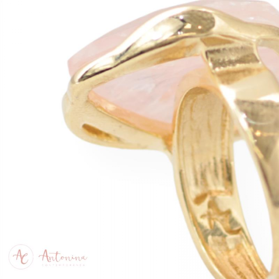 Anel Orgânico Facetado Quartzo Rosa Banhado Em Ouro 18k